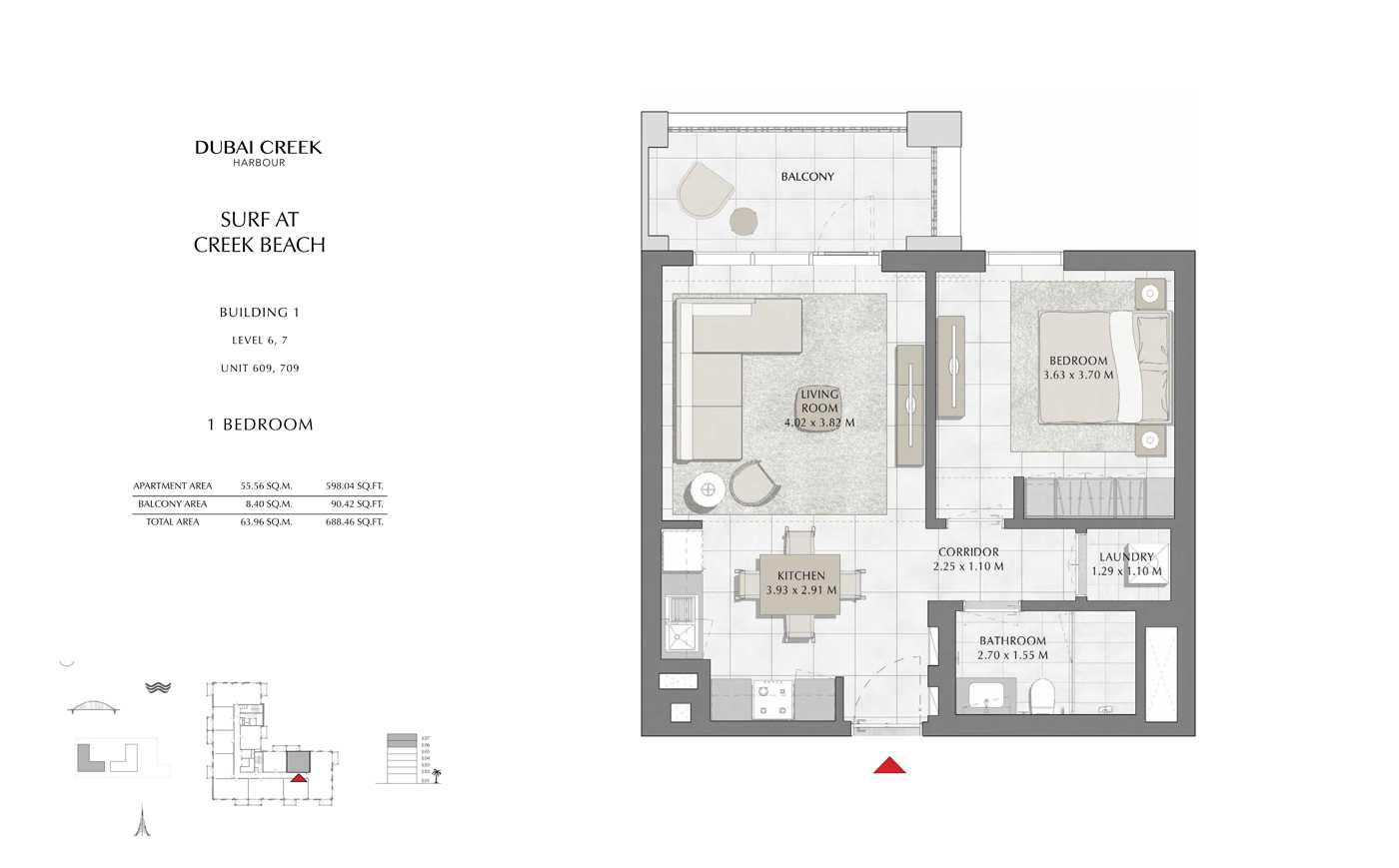Building 1, 1 Bedroom, Level 6, 7, Size 688 Sq Ft